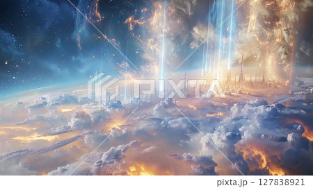 Fantasy magic castle glowing dreamlike floating fantasy. castle in the sky surrounded by magical lights and surreal landscape. Cinematic, high-resolution artwork. 127838921