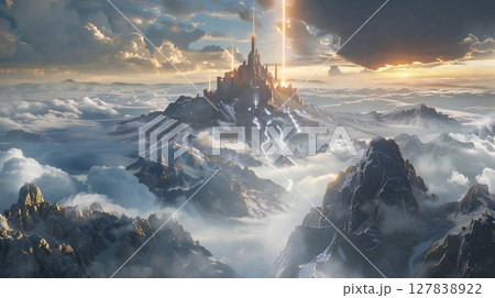 Fantasy magic castle glowing dreamlike floating fantasy. castle in the sky surrounded by magical lights and surreal landscape. Cinematic, high-resolution artwork. 127838922