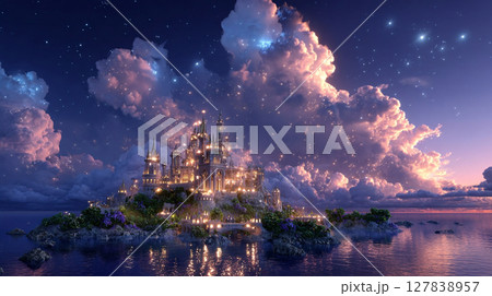 Fantasy magic castle glowing dreamlike floating fantasy. castle in the sky surrounded by magical lights and surreal landscape. Cinematic, high-resolution artwork. 127838957