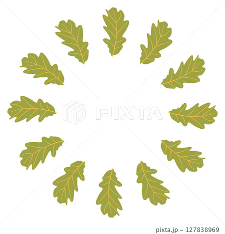 Autumn themed flat vector round frame with green leaves for creative designs. Hand drawn illustration for banners, cards, social media 127838969