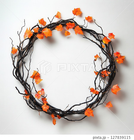 Autumn Wreath Design Orange Leaves Black Branches Fall Decor art twig dark wood leaf frame plant 127839115