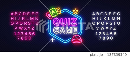 Game vector label with cards and buzzer. Neon word QUIZ GAME in hexagon shape, glowing alphabet and numbers on dark transparent background Game vector label with cards and buzzer. Neon word QUIZ GAME in hexagon shape, glowing alphabet and numbers on dark transparent background 127839340