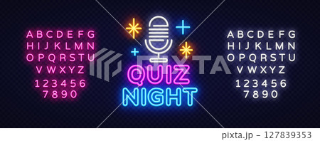 Classic microphone icon in glowing white, surrounded by stars, with bold text QUIZ NIGHT below. 127839353