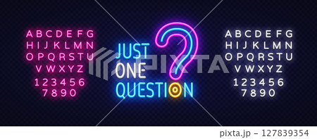 Question mark neon concept with phrase. Vector artwork showing JUST ONE QUESTION text and bright glowing fonts around. Creative idea for quiz screens 127839354