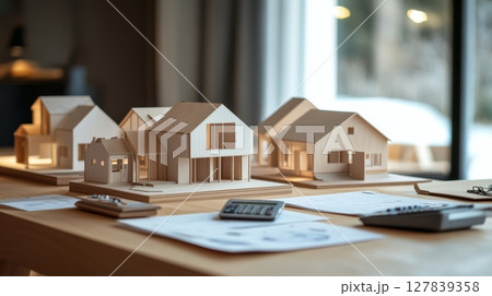 Wooden model houses sit on an architect's desk alongside blueprints and a calculator, showcasing the design and planning process for residential projects 127839358