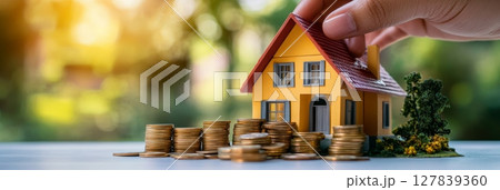 Hand carefully placing a miniature house on a stack of coins, representing real estate investment, property purchase, mortgage, and financial planning for homeownership 127839360