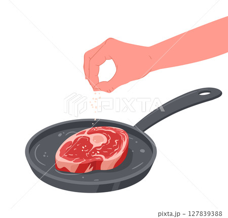Grilling steak salting. Hand salting roasted meat semi-finished product, beef steak cooking process flat vector illustration. Cartoon cooking meat steak 127839388