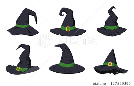 Halloween witch hats. Halloween wizard spooky textile hats, party costume elements flat vector illustrations set. Cartoon witchcraft hats collection 127839390
