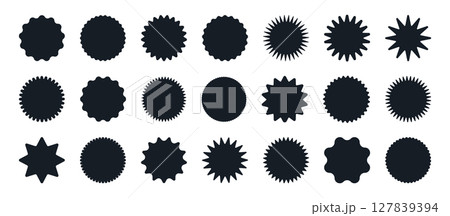 Sunburst shapes. Black sunburst stickers, discount offer price labels, zigzag edges sharp tags flat vector illustration set. Sunburst labels silhouettes collection Sunburst shapes. Black sunburst stickers, discount offer price labels, zigzag edges sharp tags flat vector illustration set. Sunburst labels silhouettes collection 127839394