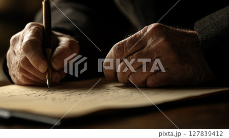 Wrinkled hands carefully hold a dip pen, writing elegant calligraphy on aged parchment, illuminated by soft, dramatic lighting, evoking a sense of history and timeless artistry 127839412