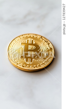 Gleaming golden bitcoin sits on a polished marble surface, symbolizing the intersection of finance, investment, and the growing world of cryptocurrency 127839427
