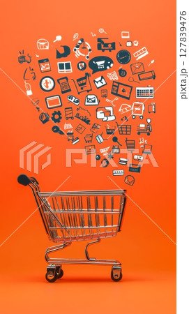 Miniature shopping cart receiving a stream of online shopping related icons, floating on a vibrant orange background, representing the ease and convenience of e commerce and online payment methods 127839476