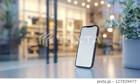 Modern smartphone with blank white screen standing on table in front of blurred store interior, perfect for showcasing mobile apps or online shopping experiences 127839477