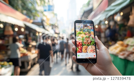 Hand holding smartphone displaying online food ordering app with blurred street food market in background, representing convenient e commerce experience 127839478