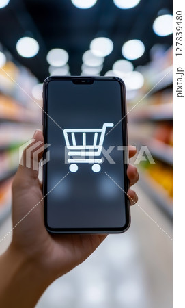 Hand holding a smartphone displaying a shopping cart icon inside a supermarket, representing the growing trend of online grocery shopping and e commerce 127839480