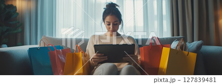 Happy customer is making online purchases using her digital tablet, surrounded by colorful shopping bags on a comfortable sofa in her modern living room 127839481