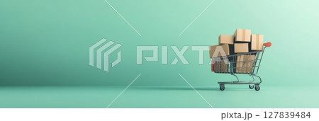 Miniature shopping cart full of cardboard boxes is standing on a light green background representing online shopping, e commerce, online payment, and delivery services 127839484