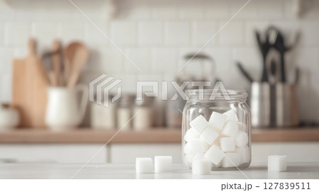 Glass jar filled with refined sugar cubes sits on a kitchen counter, advocating for a sugar free or low sugar lifestyle to reduce health risks associated with excessive sugar consumption 127839511