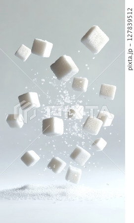 Several white sugar cubes are falling and bouncing on a light gray surface, creating a dynamic visual representation of sugar consumption and its related concepts 127839512