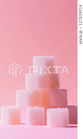 Pyramid of white sugar cubes sits on a vibrant pink background, raising awareness about excessive sugar intake and its impact on health, promoting a sugar free or low sugar lifestyle 127839514