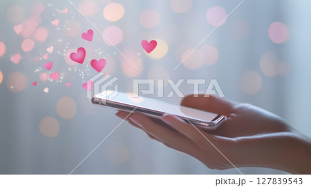 Woman is holding a smartphone with floating hearts emanating from the screen, representing social media engagement, likes, and online affection in a softly blurred background 127839543