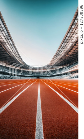 Red running track stretching towards a large, modern stadium under a clear blue sky, creating a powerful image of athletic aspiration and competition 127839596