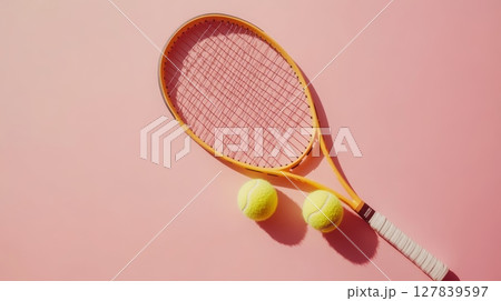 Yellow tennis racket and two balls casting a shadow on a vibrant pink surface, creating a dynamic composition ideal for sports related themes 127839597