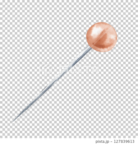 Watercolor illustration of a red sharp pin. Drawing of a seamstress's working tool on a white background. Accessories for sewing. Isolated. Clipart. 127839613