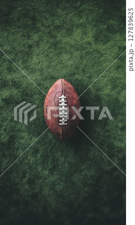 Overhead view of a worn leather football positioned on a vibrant green turf field, evoking the spirit of american football 127839625