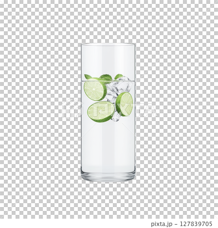 Tall glass filled with refreshing water, ice cubes, and lime slices, creating cool and invigorating drink. clear glass showcases vibrant green of lime against ice 127839705