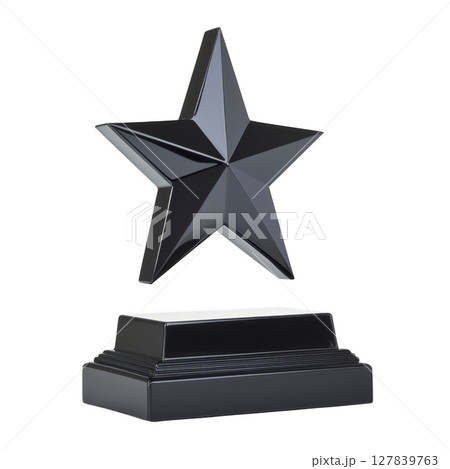 Shiny black star trophy with sleek design stands on rectangular base, symbolizing achievement and excellence. modern and elegant appearance makes it ideal for awards 127839763