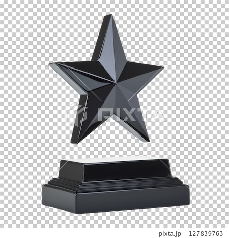 Shiny black star trophy with sleek design stands on rectangular base, symbolizing achievement and excellence. modern and elegant appearance makes it ideal for awards 127839763