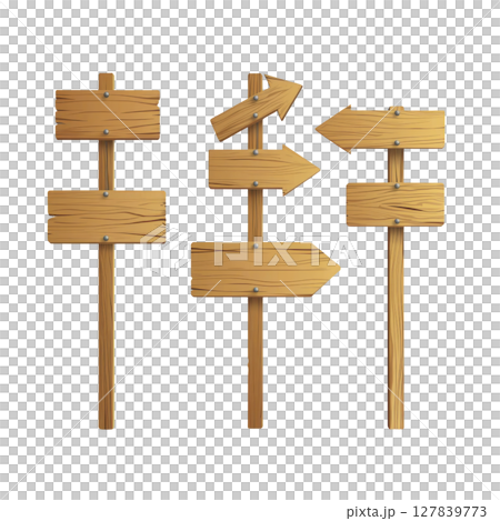 Wooden signposts with various arrow directions, including straight, left, and right, are displayed. signs have rustic appearance, with visible wood grain and metal fasteners, conveying sense 127839773