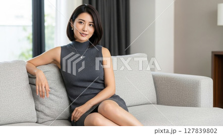 ソファに座り、静かに視線を落とすグレーワンピ女性 127839802