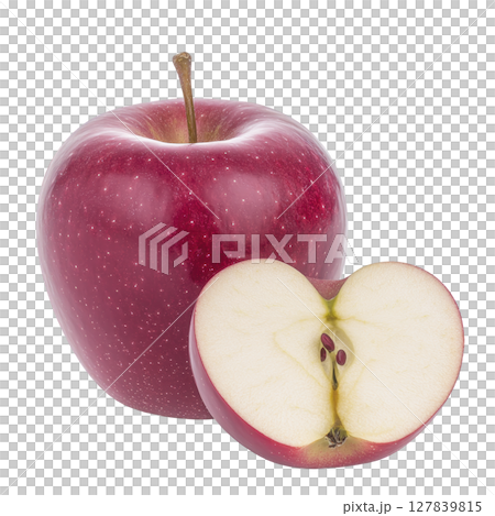 Whole red apple and sliced half reveal juicy interior, showcasing fresh and vibrant fruit. glossy skin and seeds are visible, highlighting its natural appeal Whole red apple and sliced half reveal juicy interior, showcasing fresh and vibrant fruit. glossy skin and seeds are visible, highlighting its natural appeal 127839815