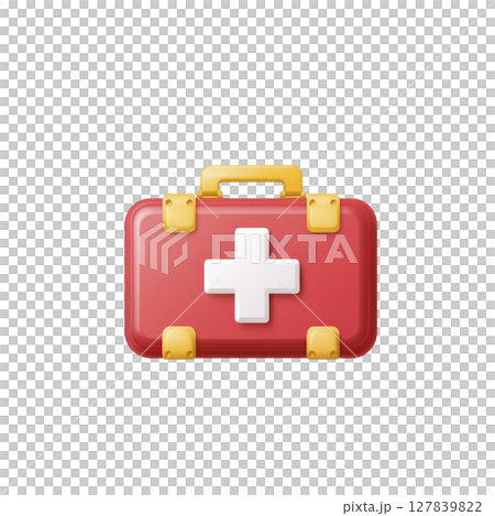 Red first aid kit with white cross symbol and yellow handle, representing emergency medical supplies. kit is designed for quick access in urgent situations 127839822