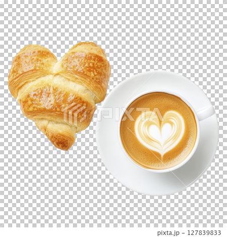 Heart shaped croissant and cup of coffee with heart latte art create delightful breakfast scene. golden pastry and creamy coffee evoke warmth and comfort Heart shaped croissant and cup of coffee with heart latte art create delightful breakfast scene. golden pastry and creamy coffee evoke warmth and comfort 127839833