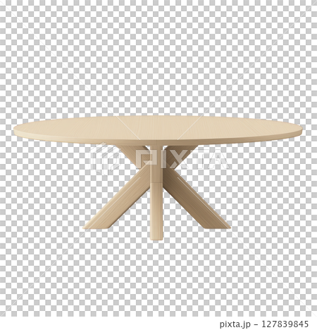 Round wooden table with minimalist design features light wood finish and unique cross legged base, perfect for modern interiors 127839845