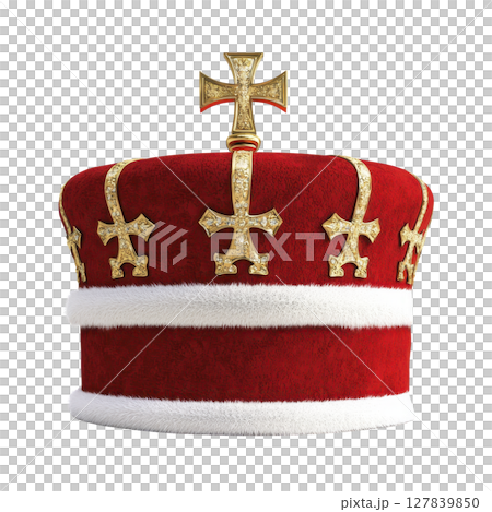 Luxurious red and gold crown with intricate cross designs and white fur trim, symbolizing royalty and elegance. crown rich colors and ornate details convey sense of grandeur 127839850