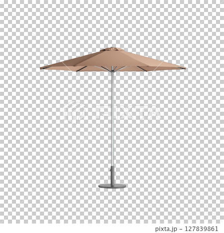 Large beige outdoor patio umbrella with sturdy metal pole and base, perfect for providing shade in garden or backyard setting. Its simple design adds elegance to any outdoor space 127839861
