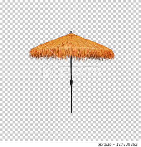 Vibrant orange thatched beach umbrella with sturdy black pole, perfect for providing shade and tropical feel to any outdoor setting. Ideal for beach or poolside relaxation 127839862