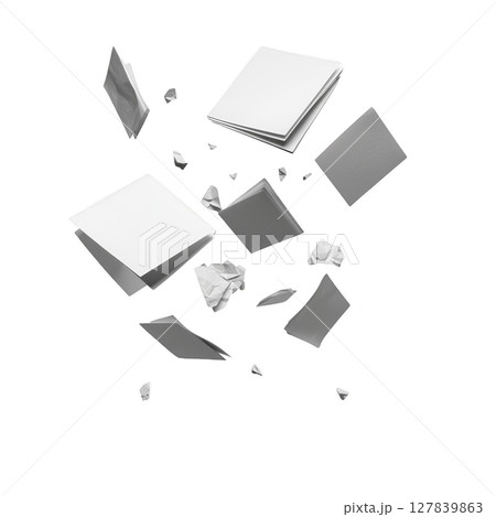 Floating white and gray paper sheets and crumpled pieces are suspended mid air against transparency background, creating dynamic and abstract composition. scattered arrangement suggests movement 127839863