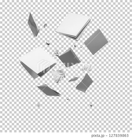 Floating white and gray paper sheets and crumpled pieces are suspended mid air against transparency background, creating dynamic and abstract composition. scattered arrangement suggests movement 127839863