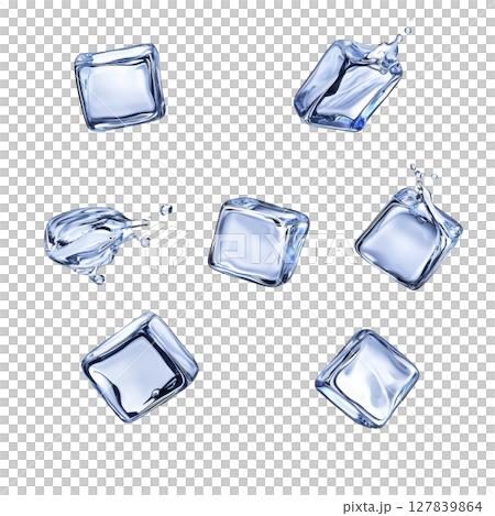 Floating ice cubes with water splashes on transparency background create dynamic and refreshing visual. cubes appear translucent and glossy, enhancing sense of coolness 127839864