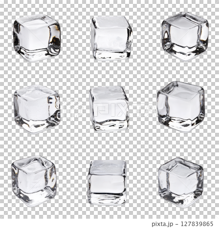 Nine clear ice cubes are arranged grid pattern against transparency background, showcasing their transparency and geometric shape. cubes are evenly spaced, highlighting their smooth surfaces 127839865