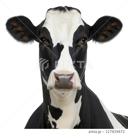 Black and white cow with calm expression is shown against plain background, highlighting its distinctive markings and large ears Black and white cow with calm expression is shown against plain background, highlighting its distinctive markings and large ears 127839872