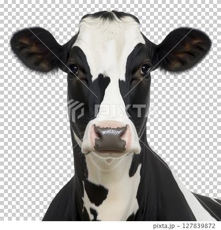 Black and white cow with calm expression is shown against plain background, highlighting its distinctive markings and large ears Black and white cow with calm expression is shown against plain background, highlighting its distinctive markings and large ears 127839872