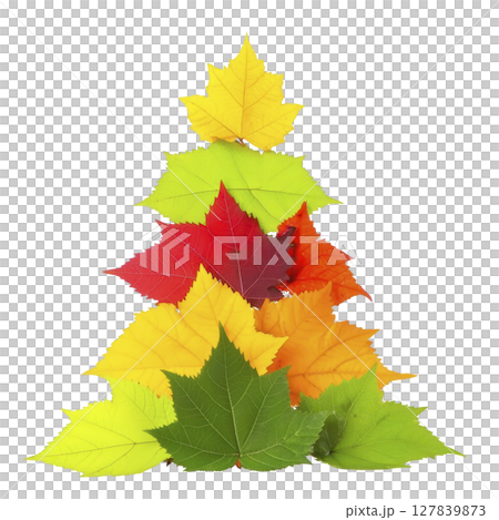 Vibrant arrangement of colorful autumn leaves forms tree shape, showcasing shades of green, yellow, red, and orange. leaves are layered creatively, evoking sense of seasonal change and natural Vibrant arrangement of colorful autumn leaves forms tree shape, showcasing shades of green, yellow, red, and orange. leaves are layered creatively, evoking sense of seasonal change and natural 127839873