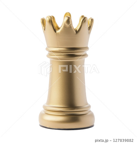 Golden rook chess piece stands elegantly, symbolizing strategy and power in game of chess. Its shiny surface and intricate design make it striking representation of classic board game 127839882