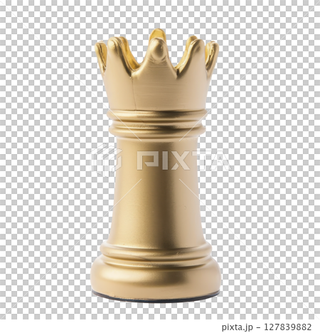 Golden rook chess piece stands elegantly, symbolizing strategy and power in game of chess. Its shiny surface and intricate design make it striking representation of classic board game 127839882